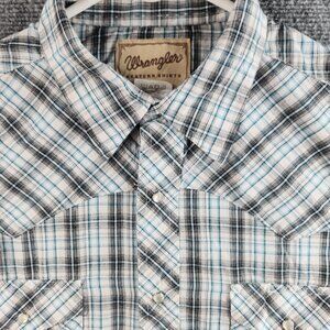 Wrangler Western Pearl Snap Shirt Short Sleeve Shiny Blue Gray Plaid Large Woven